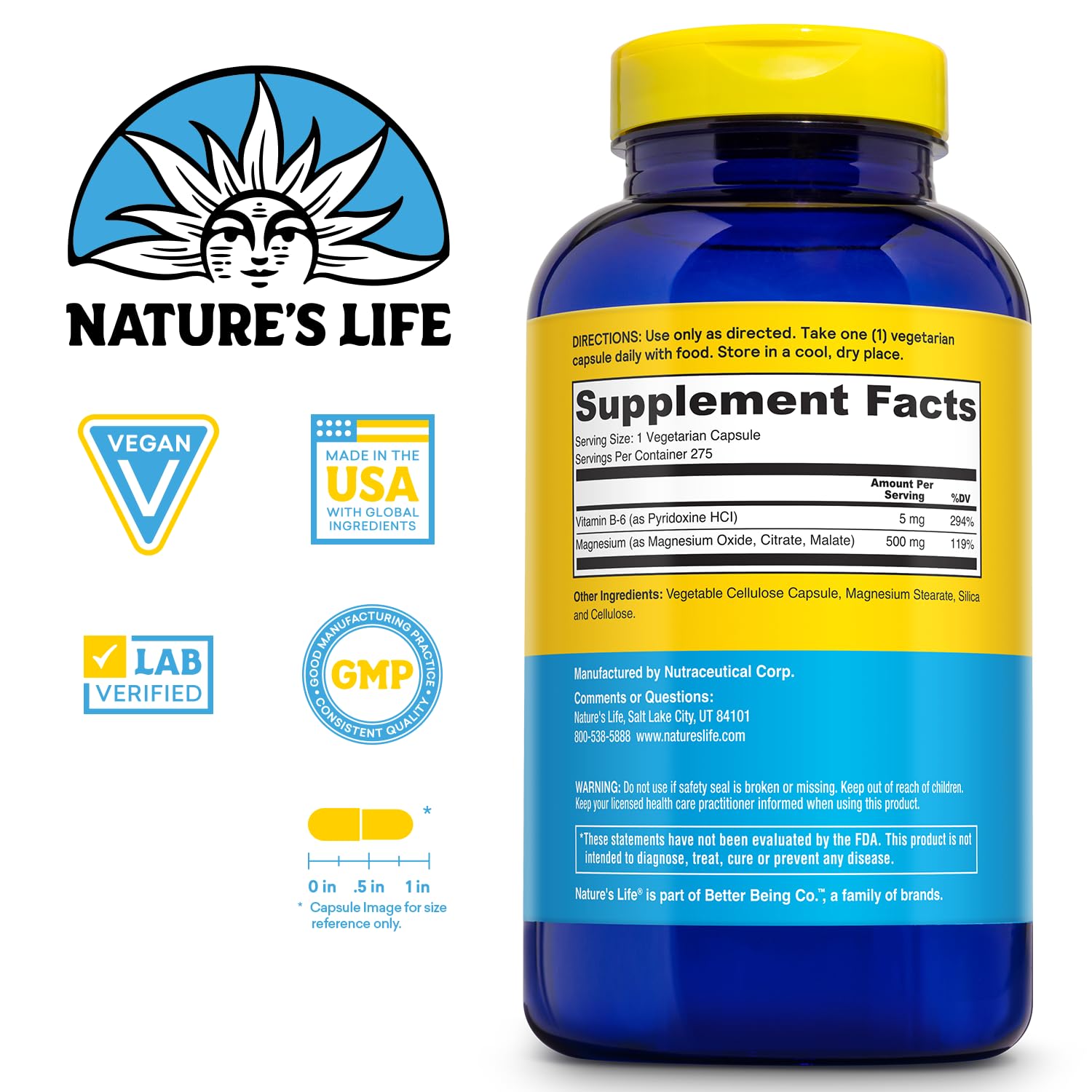 Nature's Life Renewing Magnesium 500 mg capsules closeup for easy daily intake
