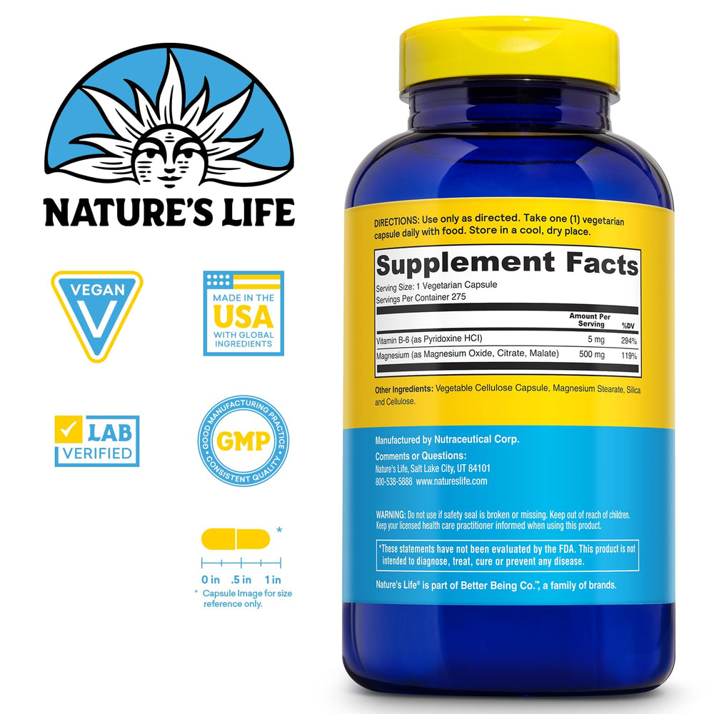 Nature's Life Renewing Magnesium 500 mg capsules closeup for easy daily intake