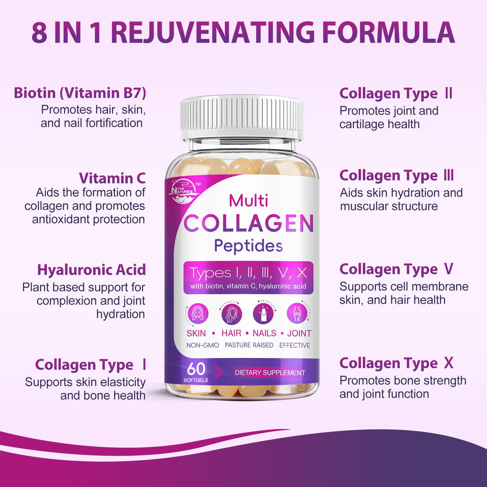Nature's live multi collagen softgel label highlights collagen, biotin, and vitamin C.