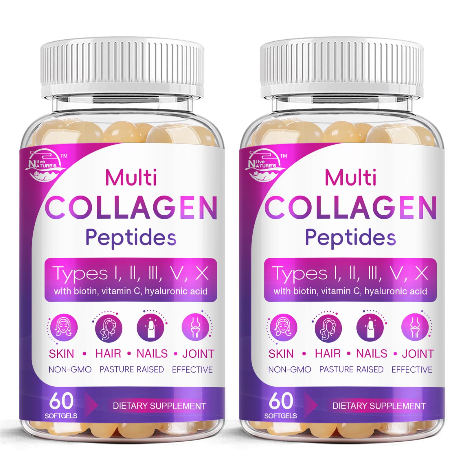 Nature's live Multi Collagen Softgels bottle supports skin, hair and nails.