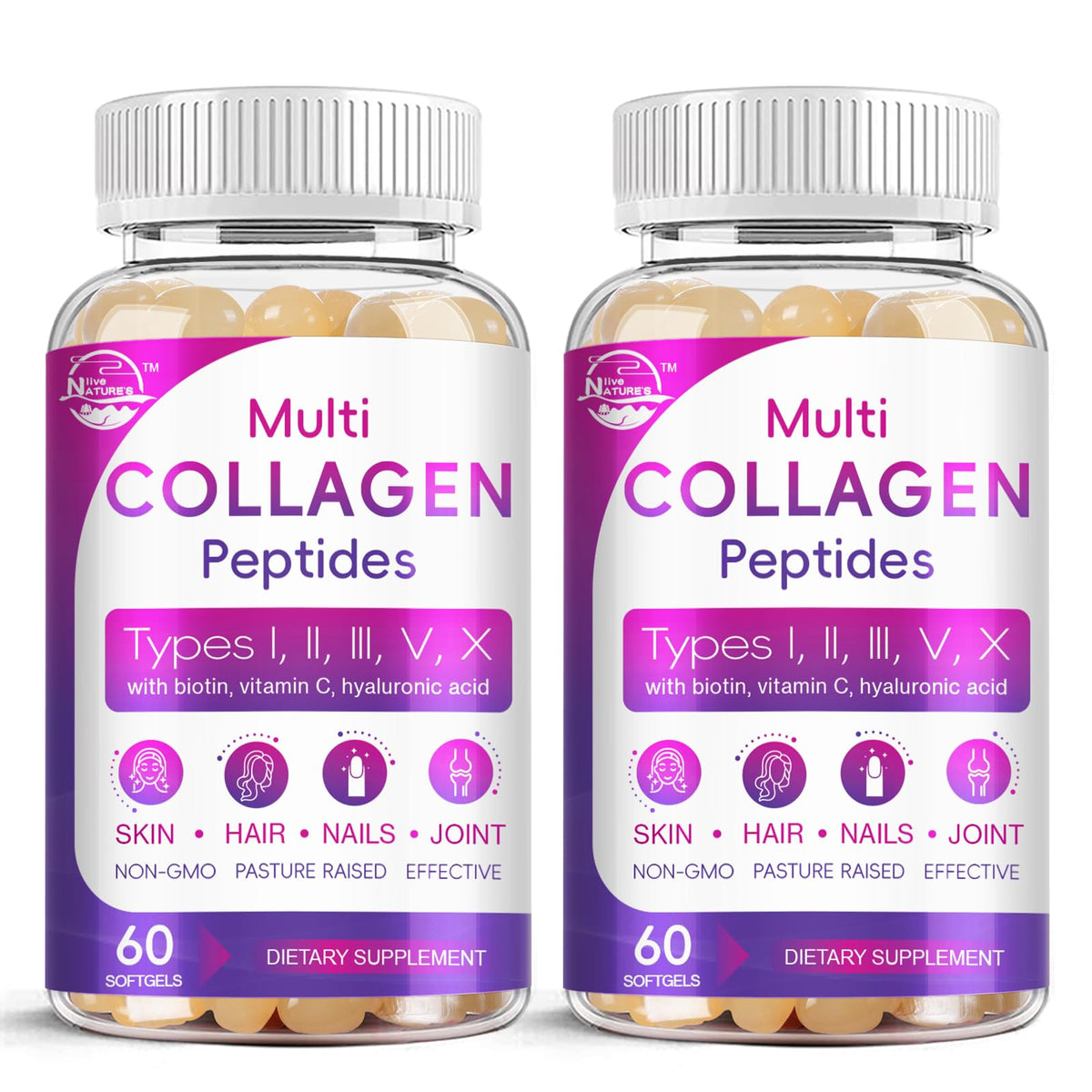 Nature's live Multi Collagen Softgels bottle supports skin, hair and nails.