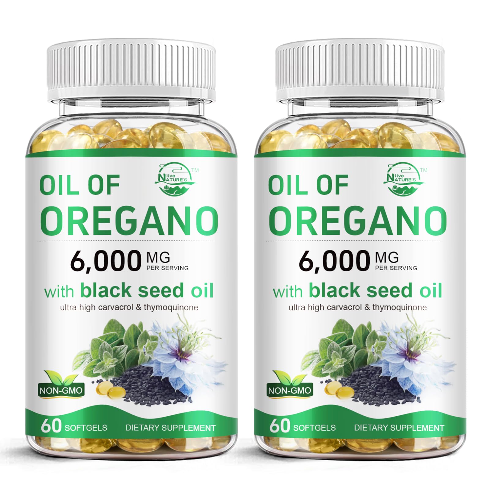 Nature's live Oil of Oregano softgels bottle front, 2-in-1 formula for convenience.