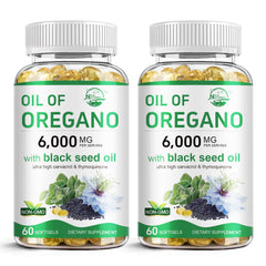 Nature's live Oil of Oregano softgels bottle front, 2-in-1 formula for convenience.