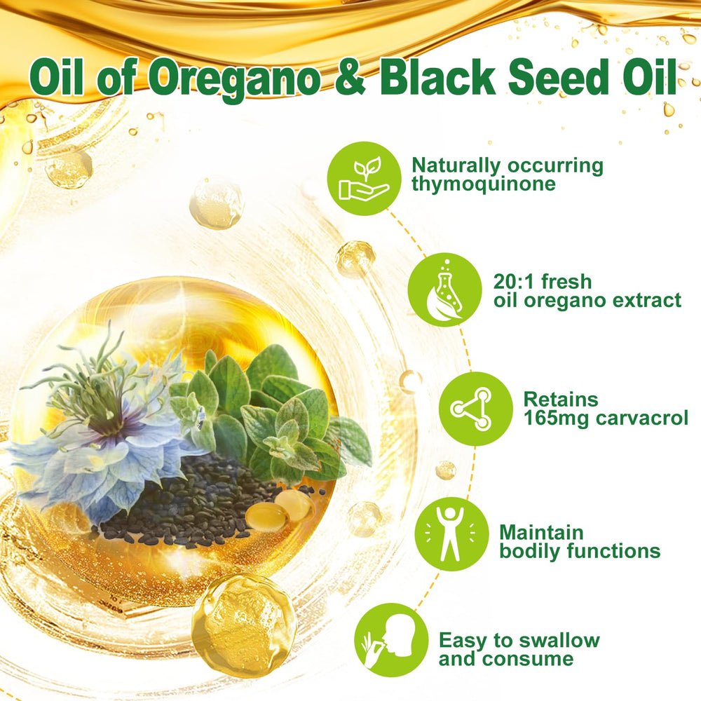Nature's live 2‑in‑1 oregano and black seed oil softgels pack shown.