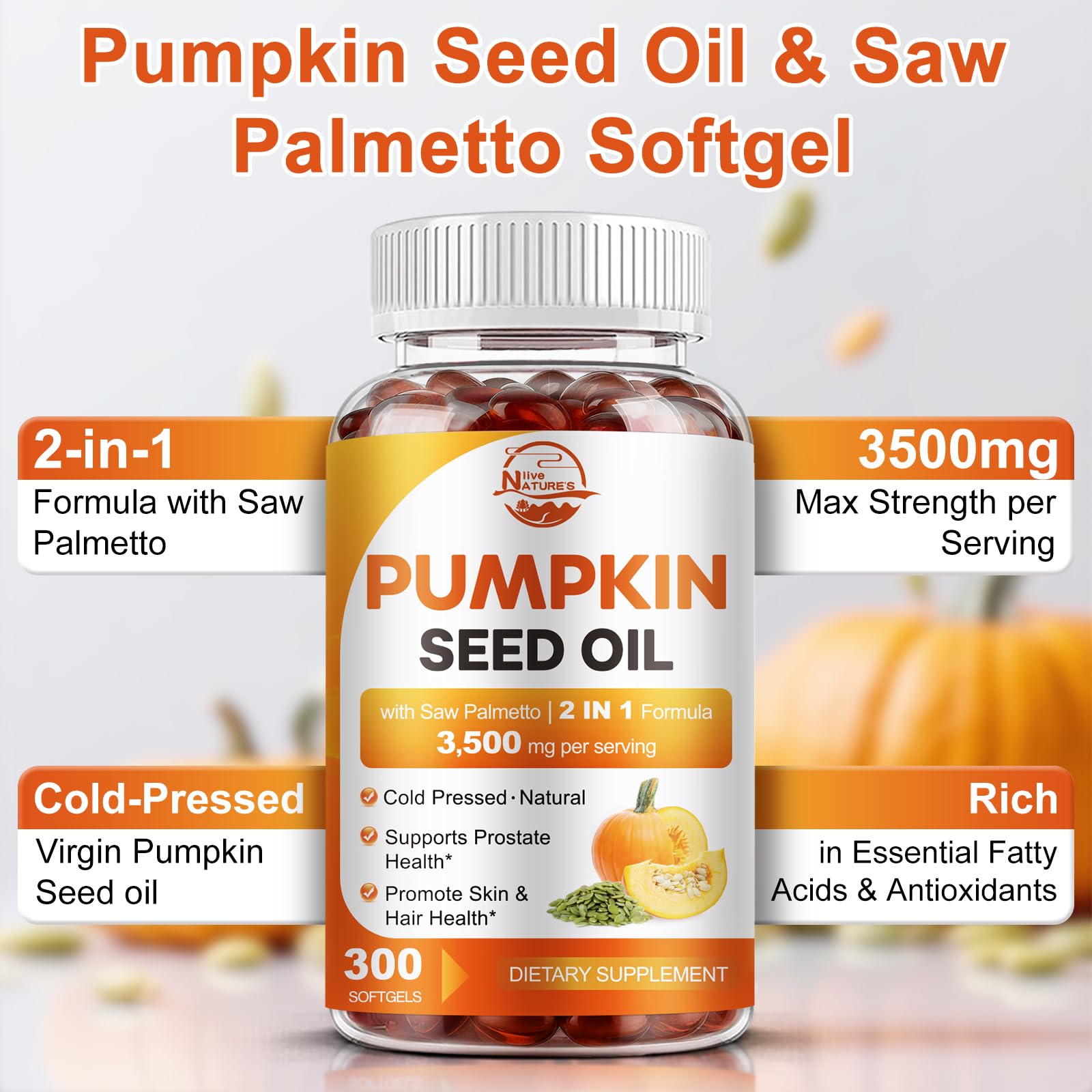 Nature's Live Saw Palmetto Pumpkin Seed Softgels bottle highlighting dual action benefits