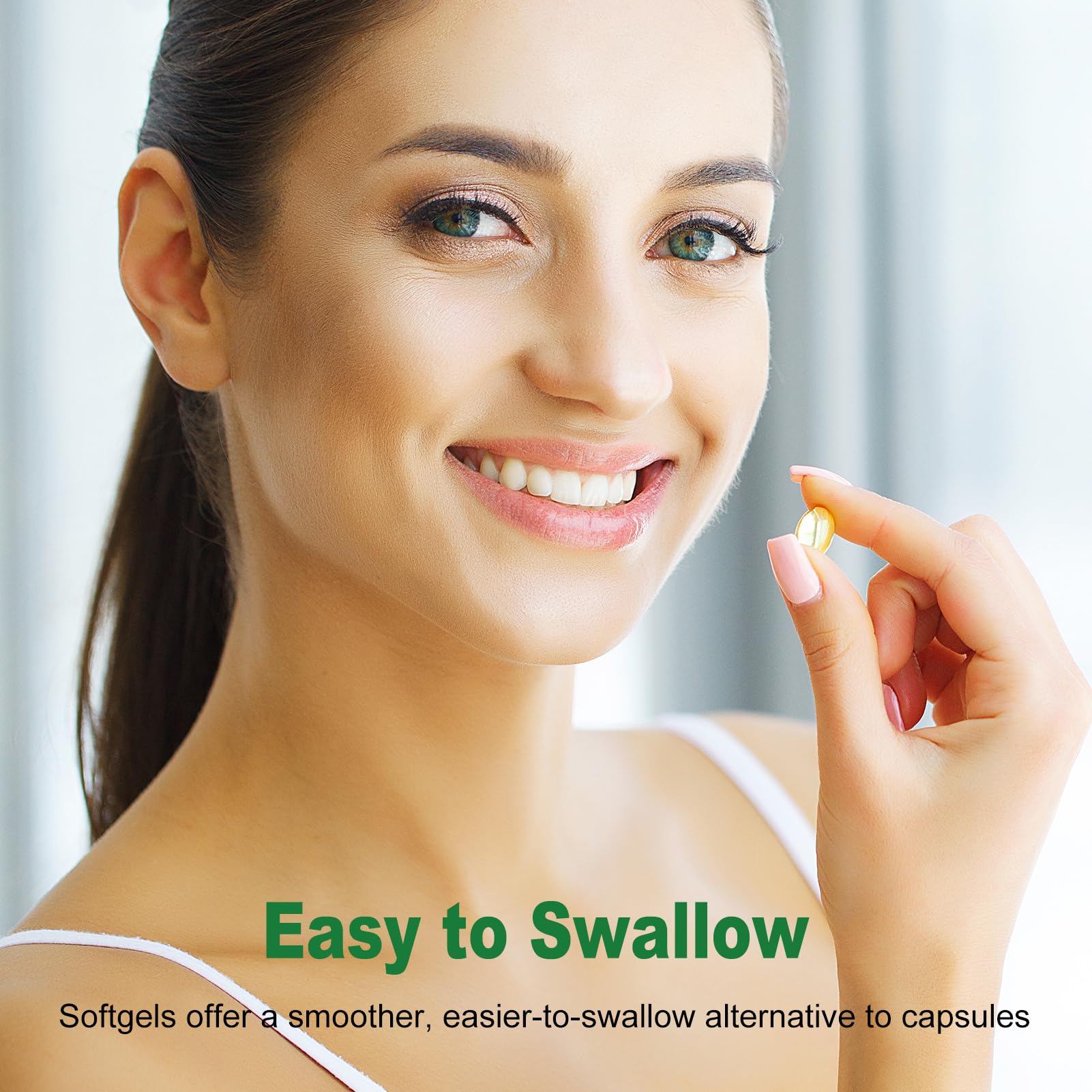 Close-up of Nature's live softgels, smooth and easy to swallow.
