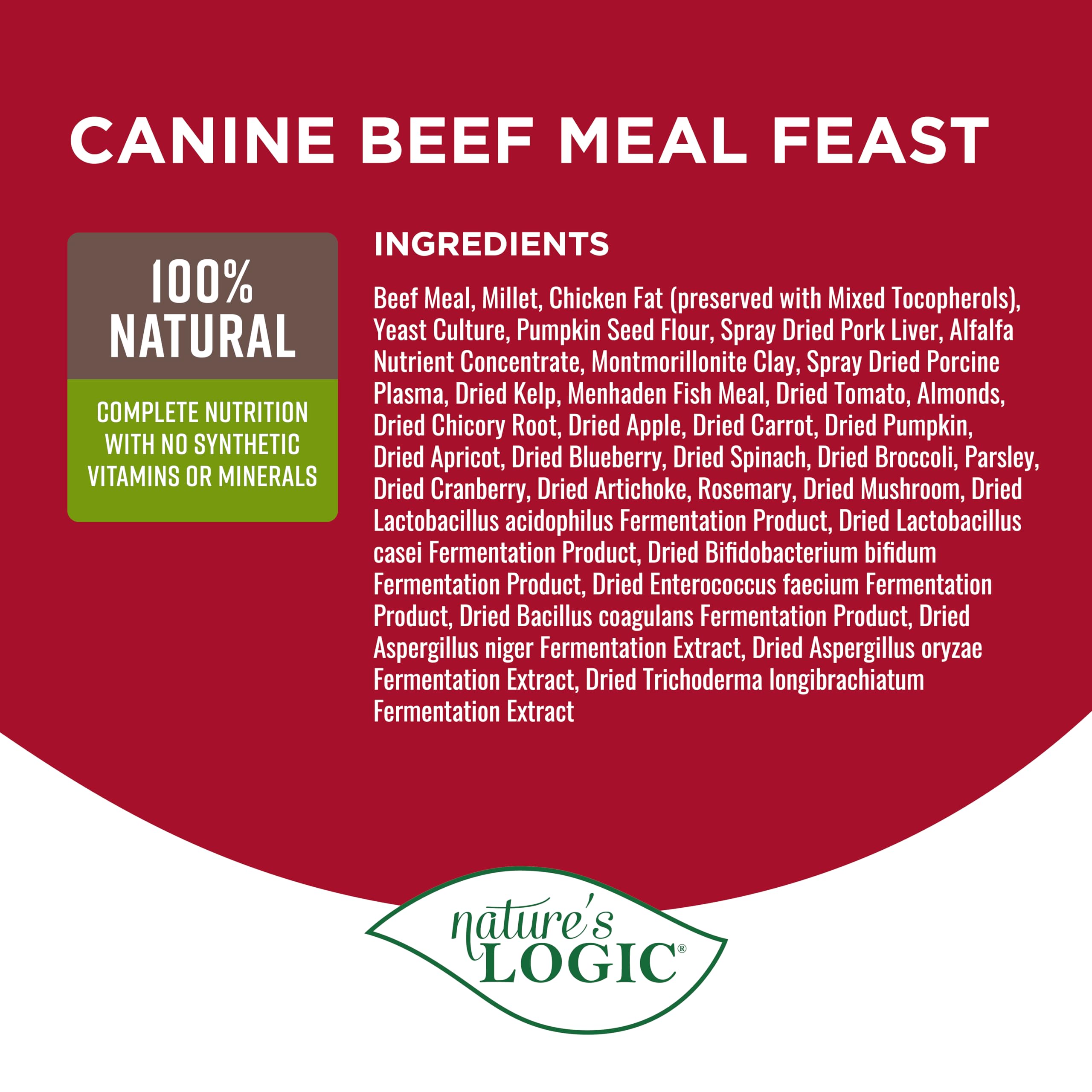 Nature's Logic Beef Meal Feast ingredients closeup shows millet and pumpkin seed flour.