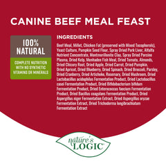 Nature's Logic Beef Meal Feast ingredients closeup shows millet and pumpkin seed flour.