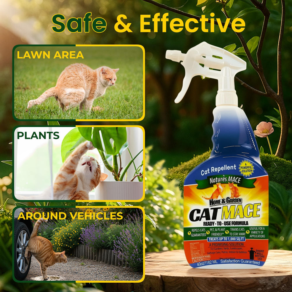 Nature's MACE spray being applied to garden bed and deck to deter cats.