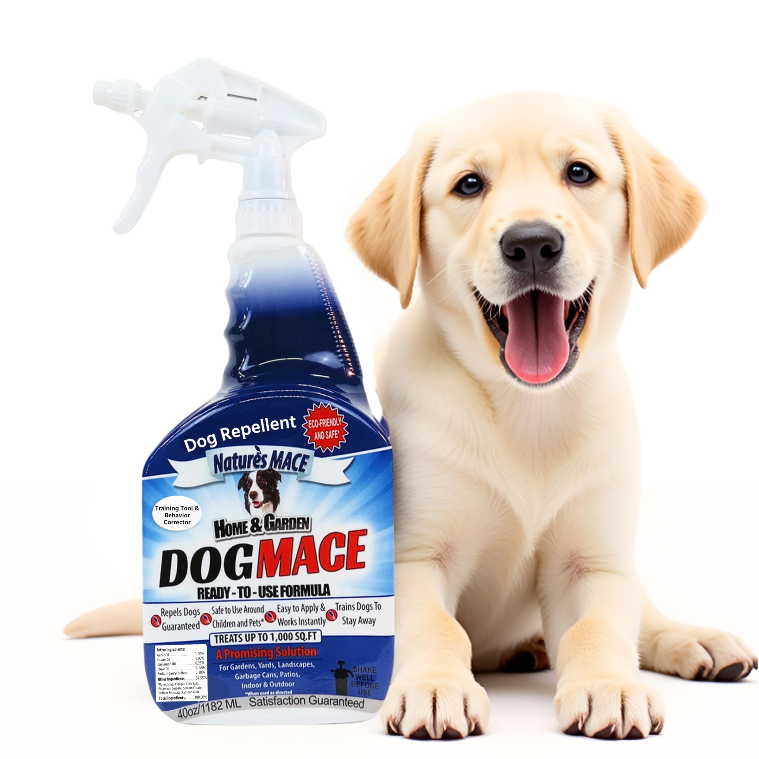 Nature's MACE dog mace repellent spray bottle keeps yards dog-free.