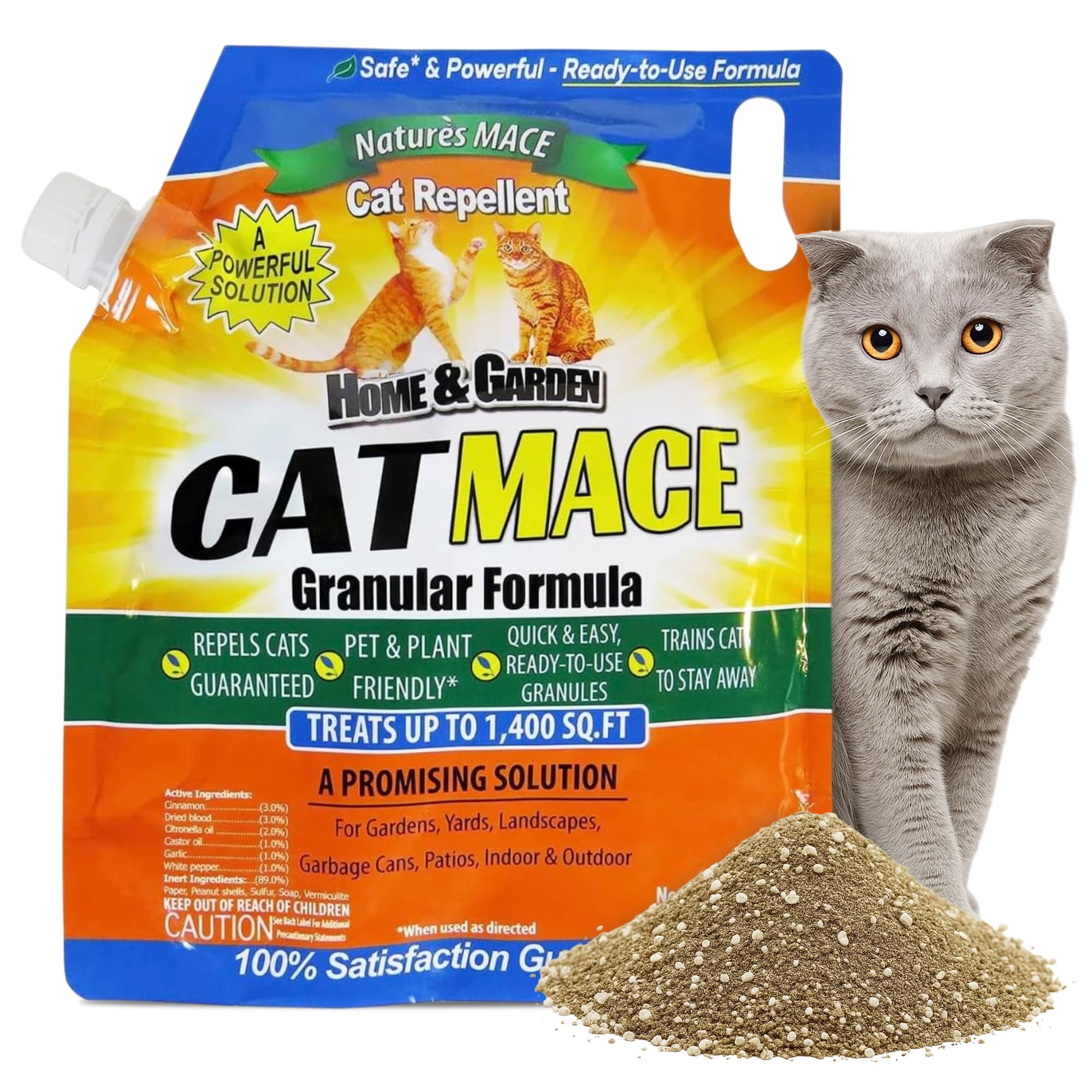 Nature's MACE granular cat repellent coverage protects garden beds and stops digging.