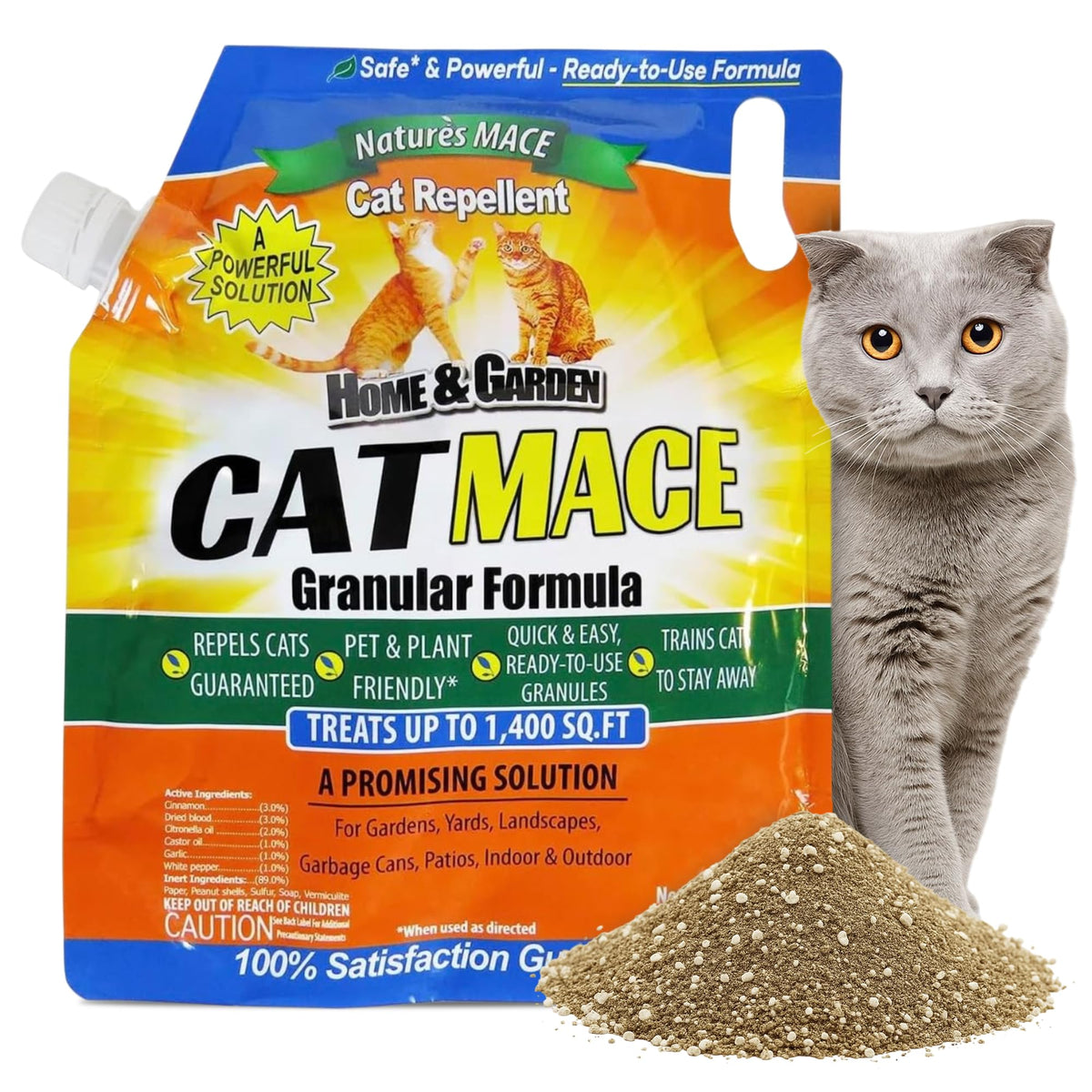 Nature's MACE granular cat repellent coverage protects garden beds and stops digging.