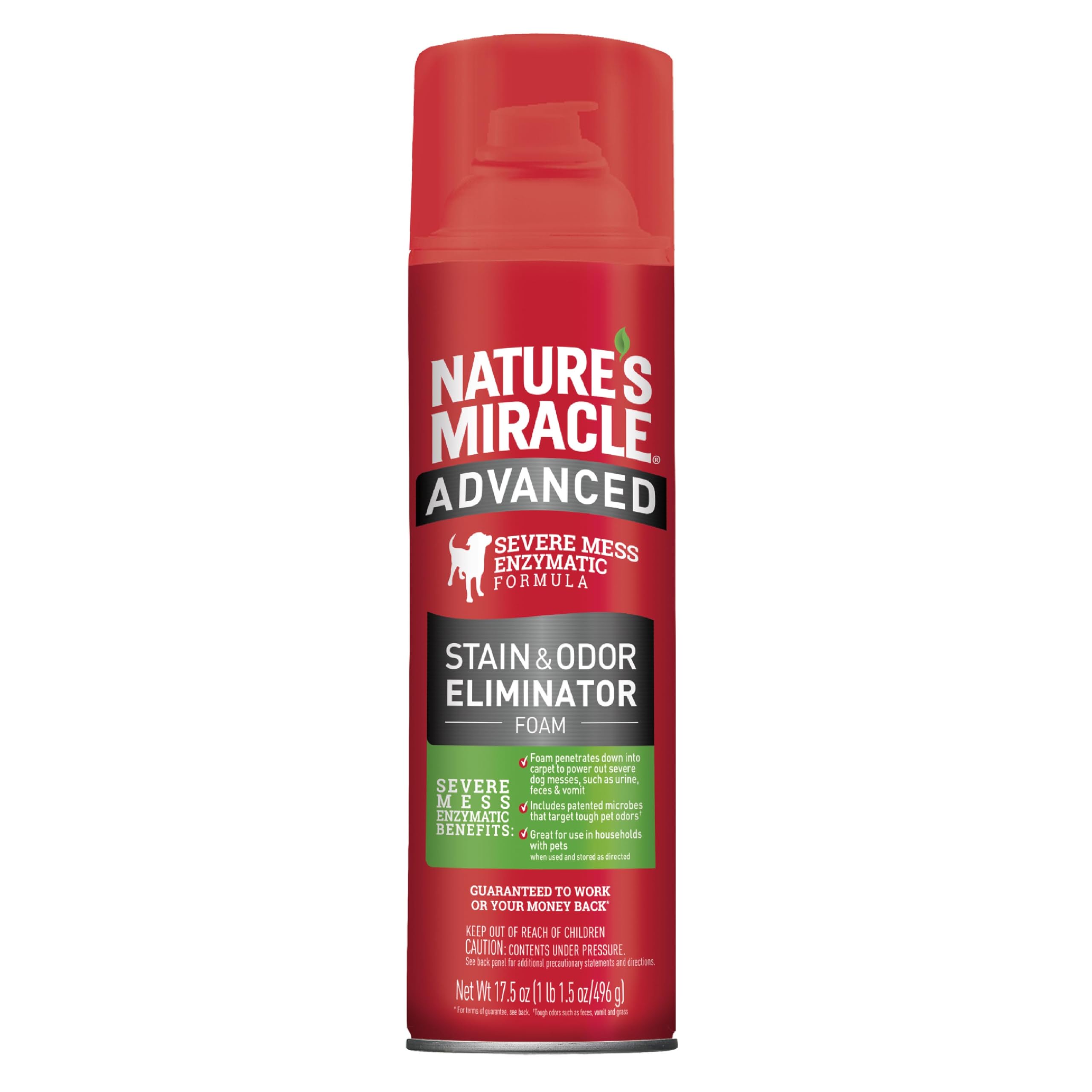 Nature's Miracle Advanced Stain & Odor Eliminator foam applied on carpet to target dog messes.