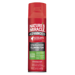 Nature's Miracle Advanced Stain & Odor Eliminator foam applied on carpet to target dog messes.