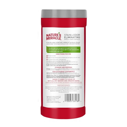 Nature's Miracle enzymatic wipe close-up demonstrates stain removal power on messy floors.