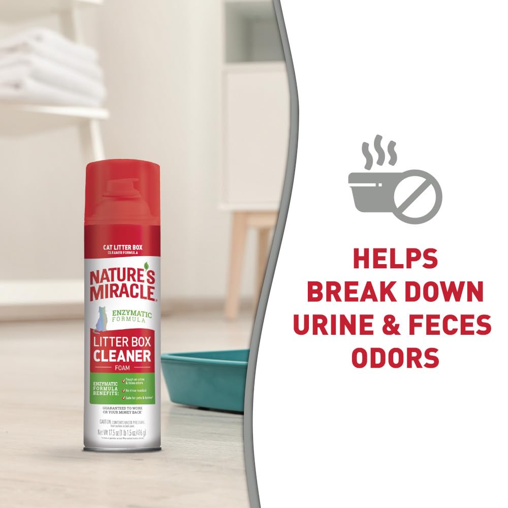 Nature’s Miracle Foam works on urine and feces odors without rinsing.