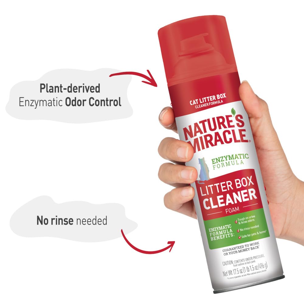 Nature’s Miracle Foam Litter Box Cleaner shows no-rinse cleanup in action.