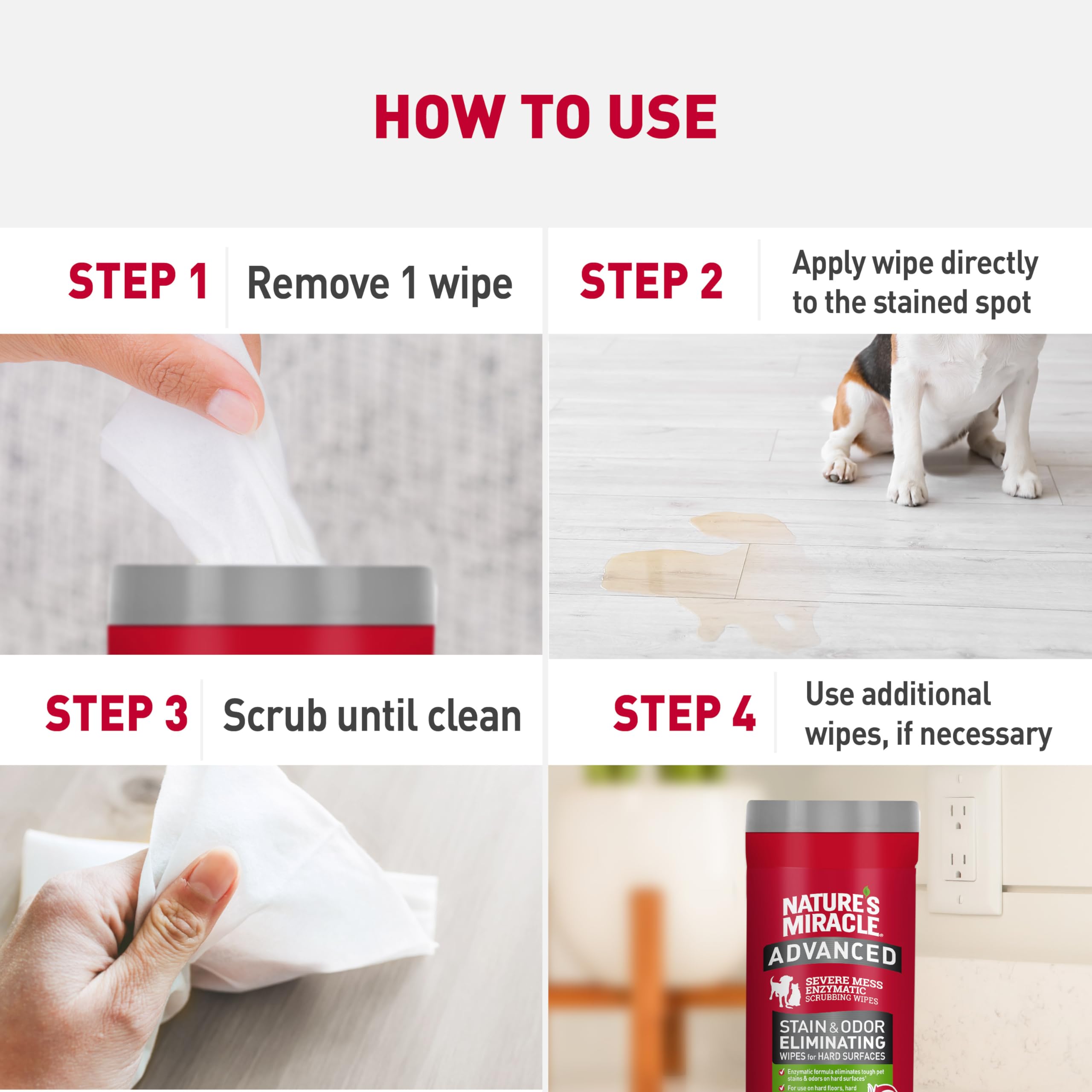 Hard floor scene with Nature's Miracle wipes targeting stubborn pet messes.