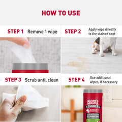 Hard floor scene with Nature's Miracle wipes targeting stubborn pet messes.
