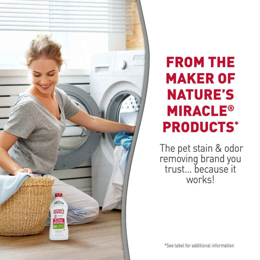 Nature’s Miracle Laundry Boost applied in-wash with regular detergent.
