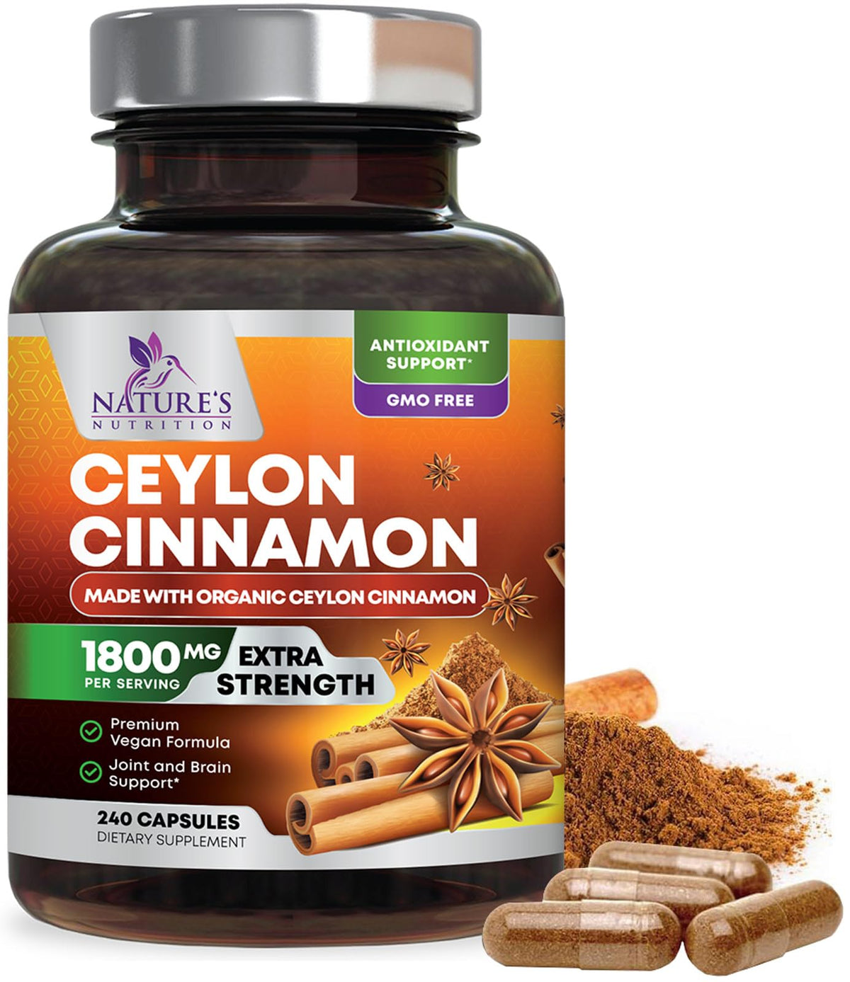 Nature's Nutrition Ceylon Cinnamon bottle front with capsules for daily wellness.