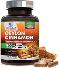 Nature's Nutrition Ceylon Cinnamon bottle front with capsules for daily wellness.
