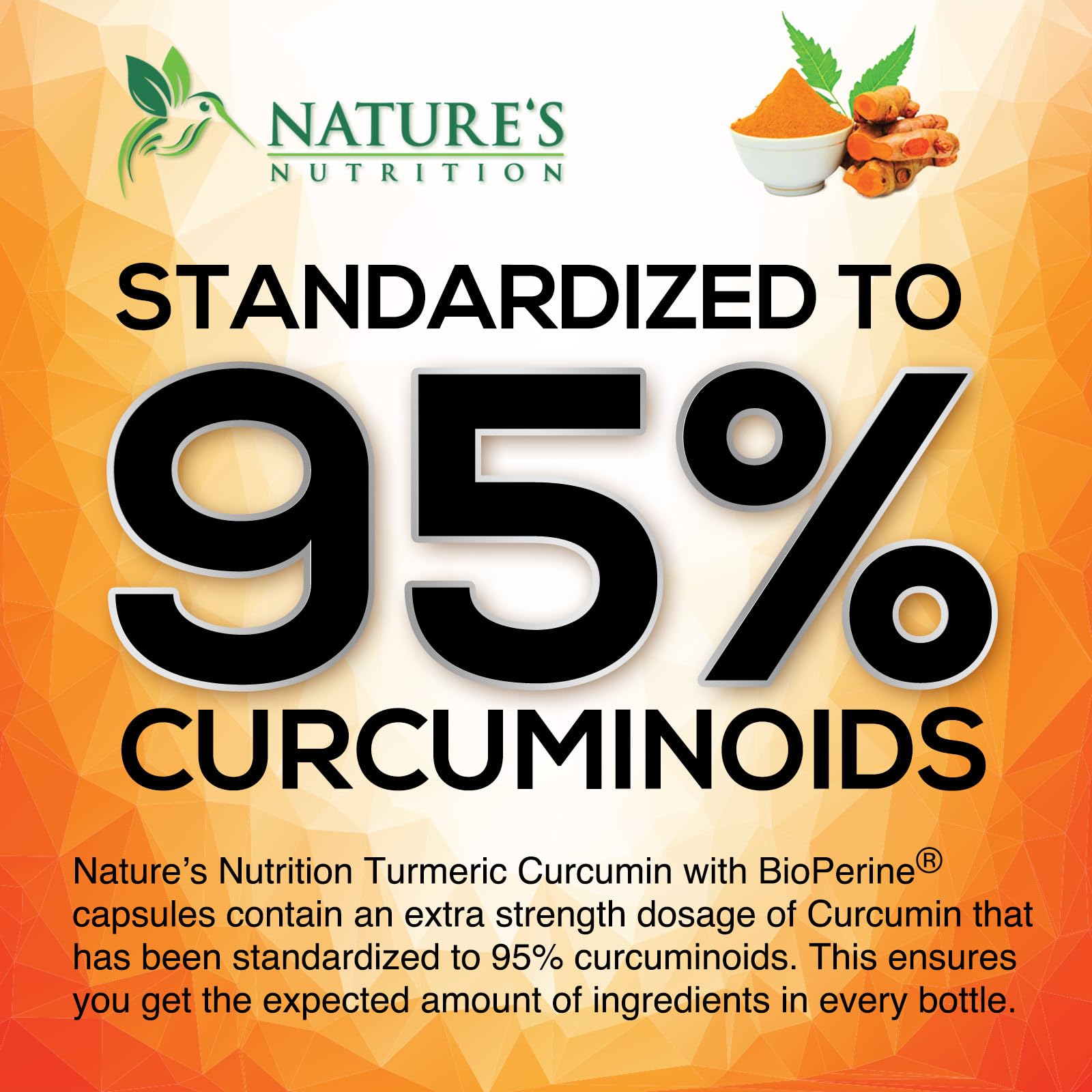 Nature's Nutrition bottle side-view highlights BioPerine for absorption.