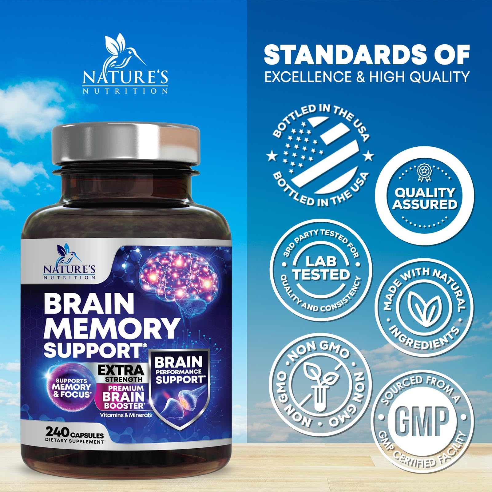 Bottle pour of Nature's Nutrition brain memory supplement for everyday use