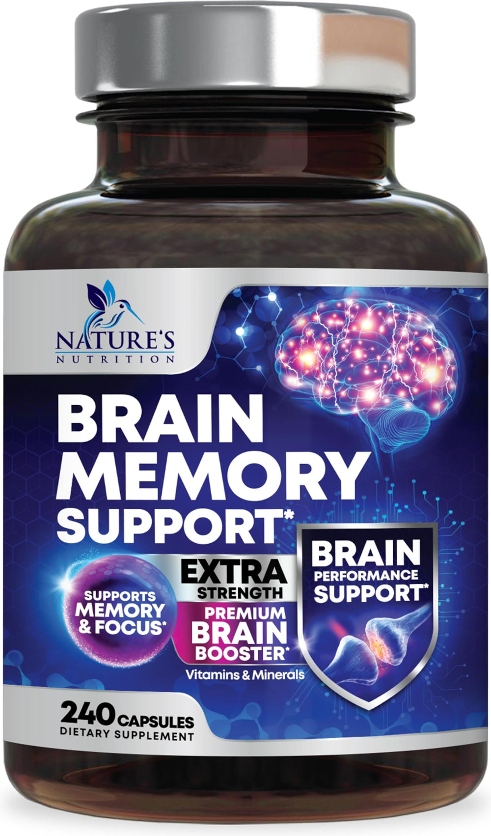 Nature's Nutrition Brain Memory Supplement bottle ready for daily focus support