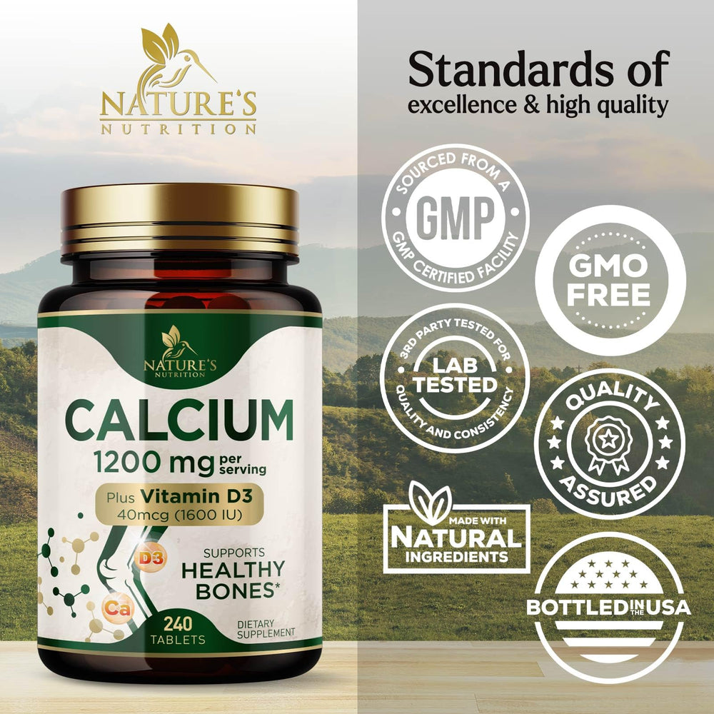 Bottle with daily dose of Nature's Nutrition Calcium 1200 mg for routine use