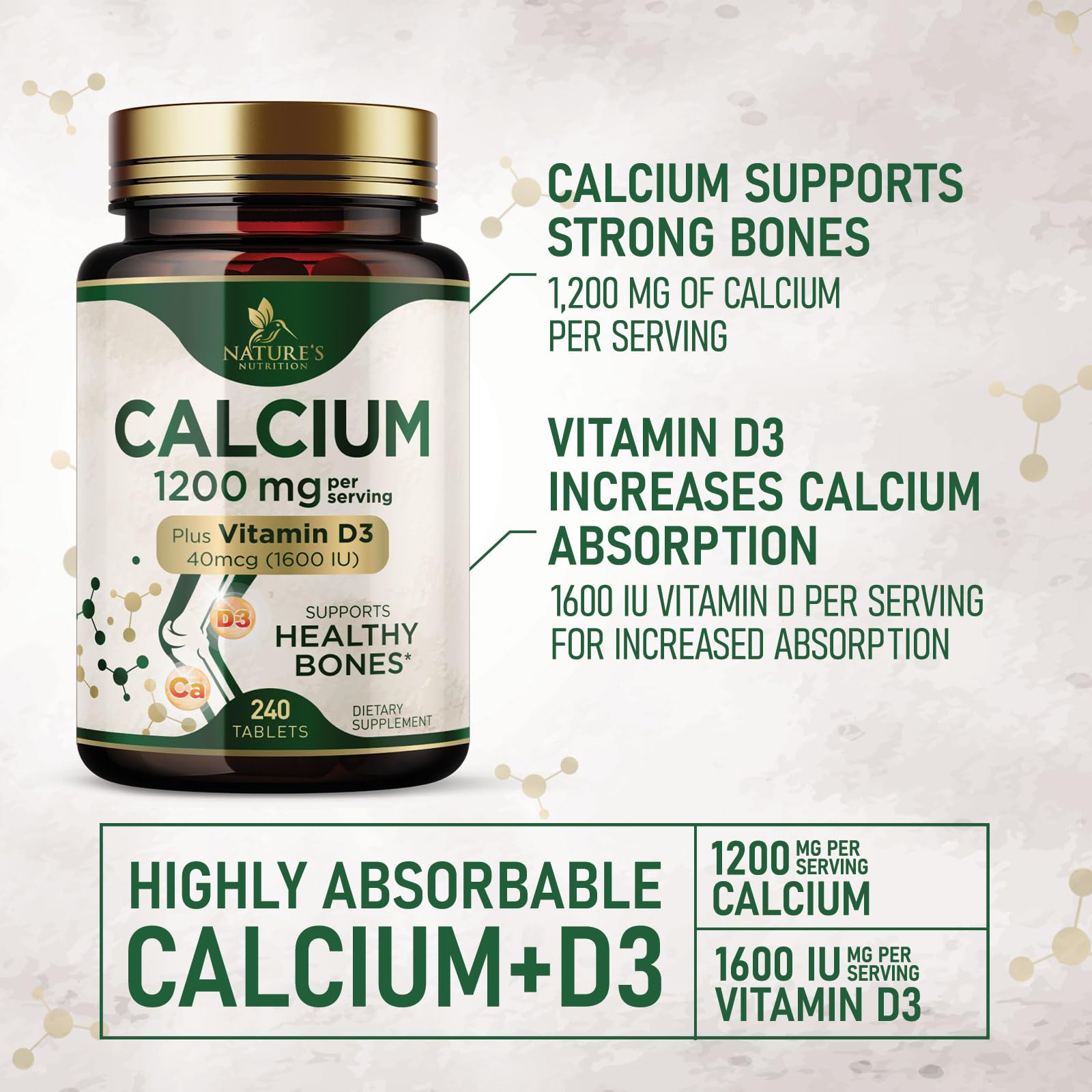 Label detail of Nature's Nutrition Calcium 1200 mg with vitamin D3 information