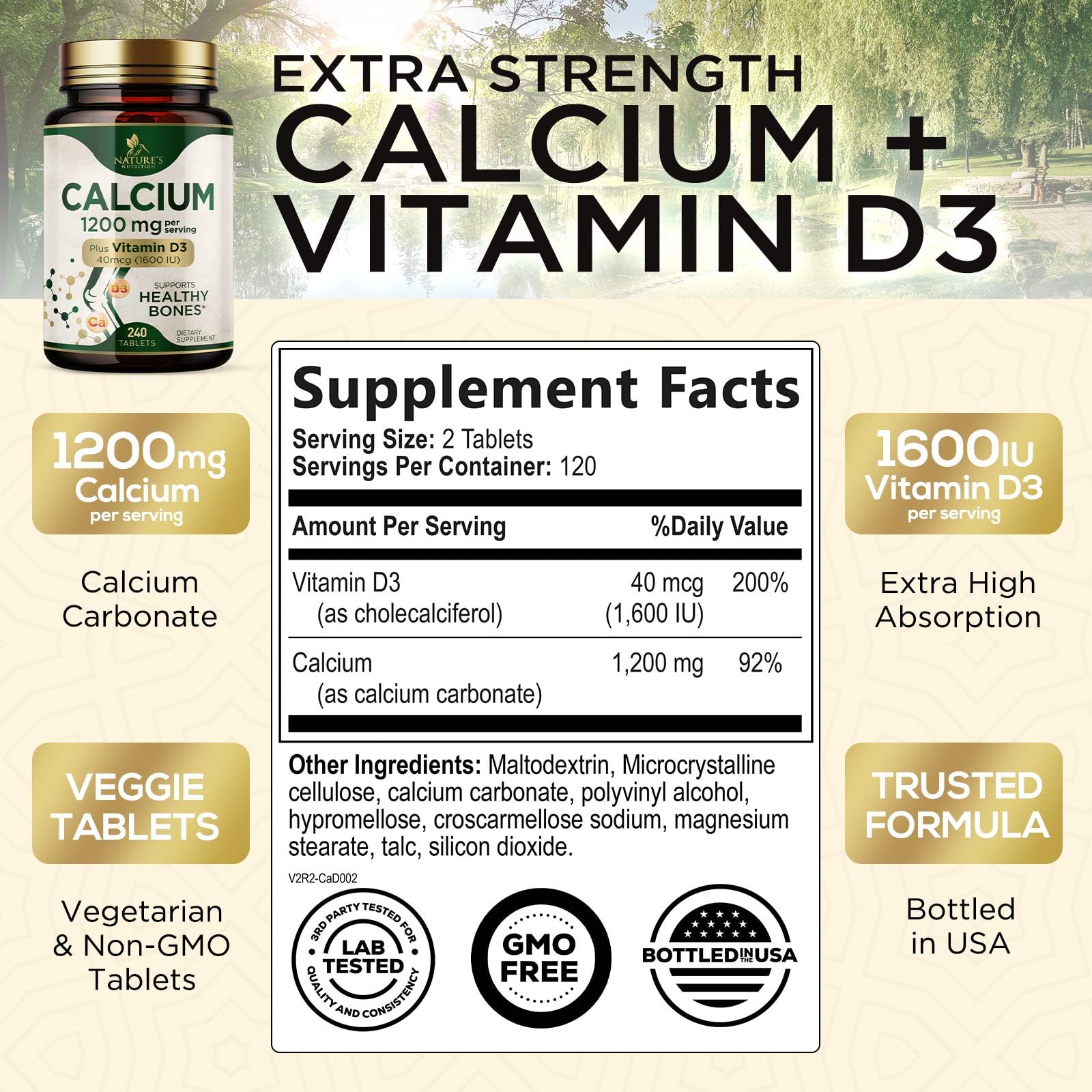 Closeup of Nature's Nutrition Calcium 1200 mg tablets highlighting compact form