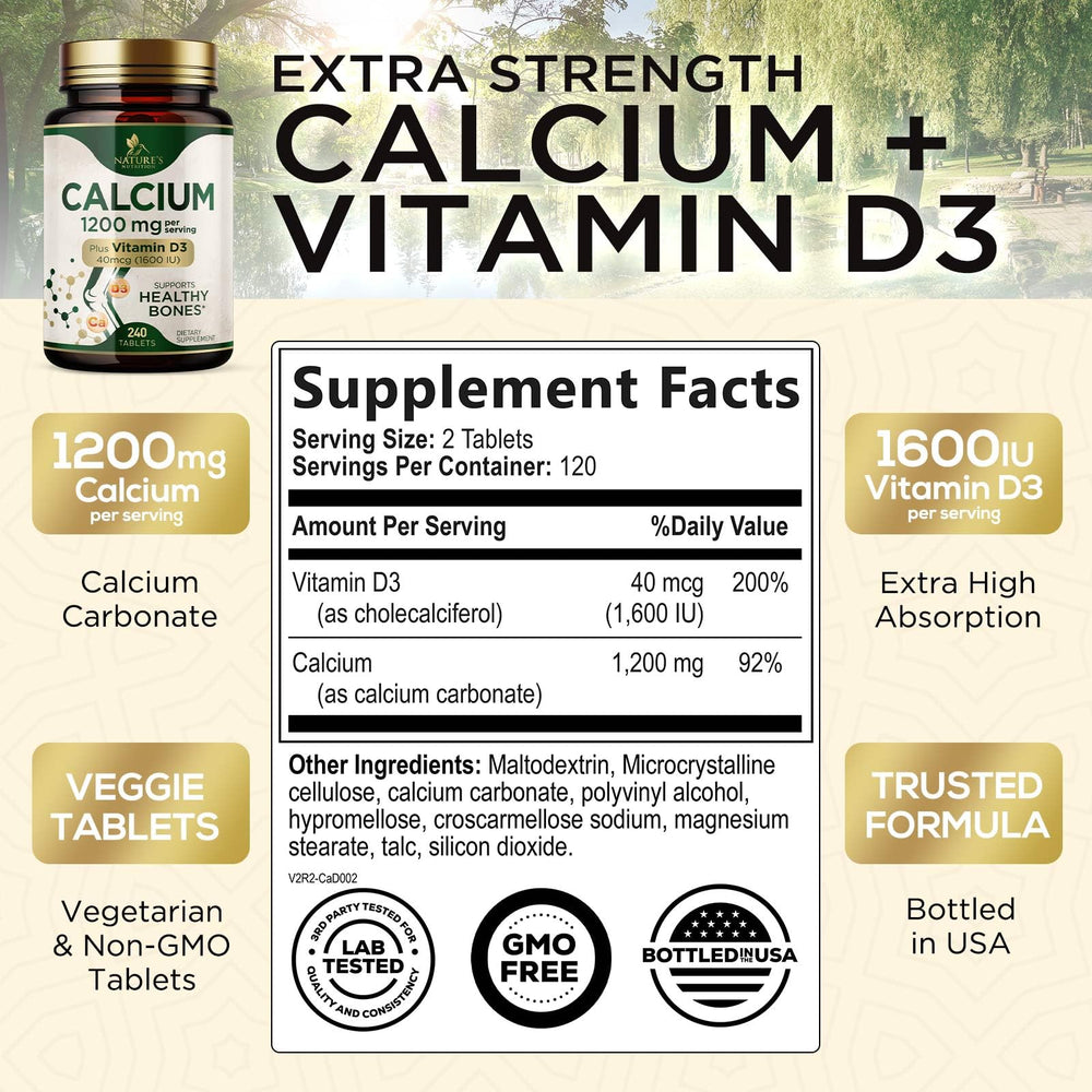Closeup of Nature's Nutrition Calcium 1200 mg tablets highlighting compact form