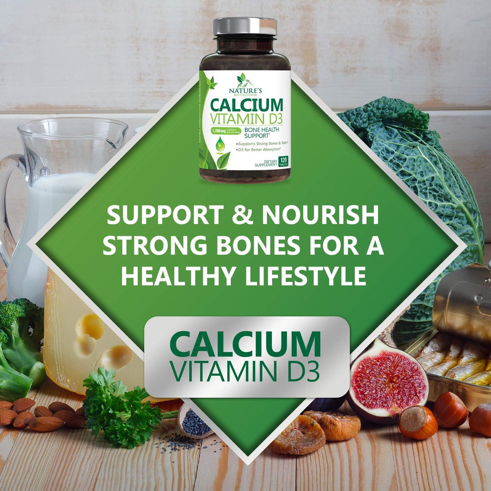 Illustration referencing bone and teeth support alongside Nature's Nutrition calcium-d3.