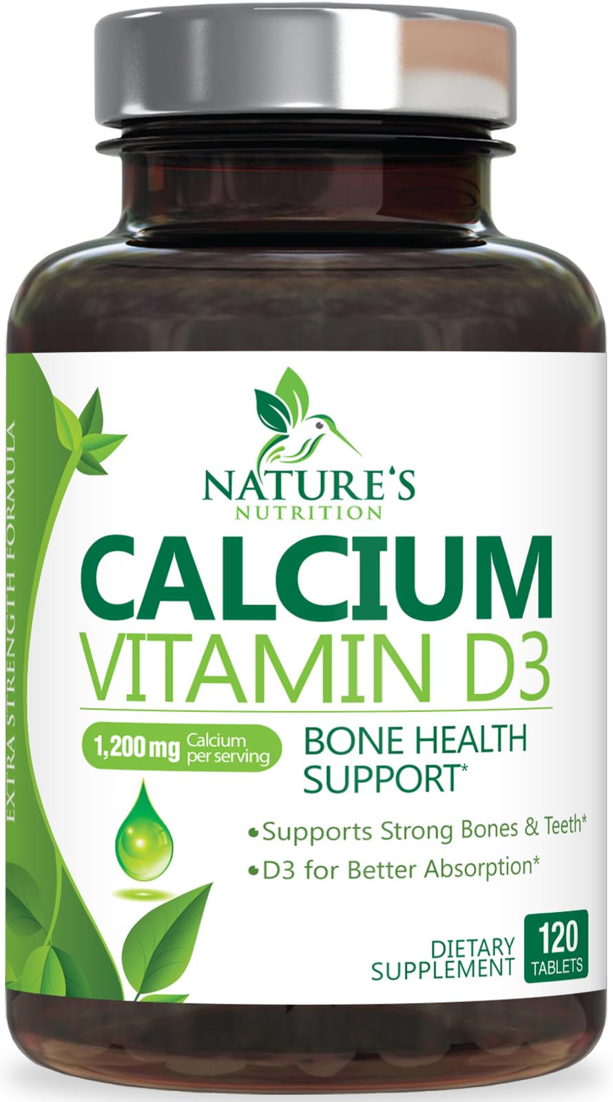 Nature's Nutrition calcium with vitamin D3 bottle front for easy daily use.