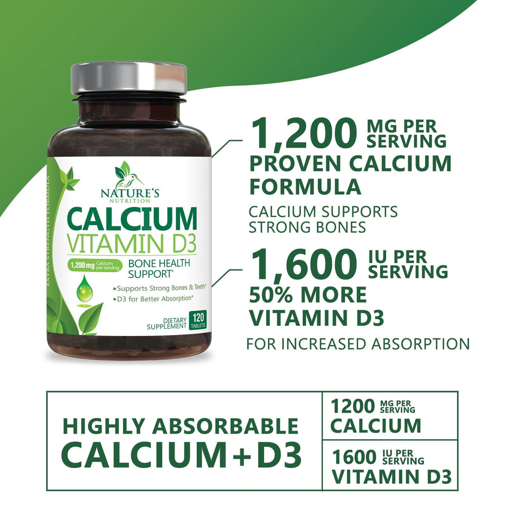 Bottle label on Nature's Nutrition calcium-d3, highlighting 1200 mg calcium and 40 mcg D3.