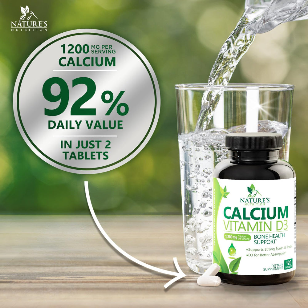Daily-use scene with Nature's Nutrition calcium-d3 bottle and glass of water.