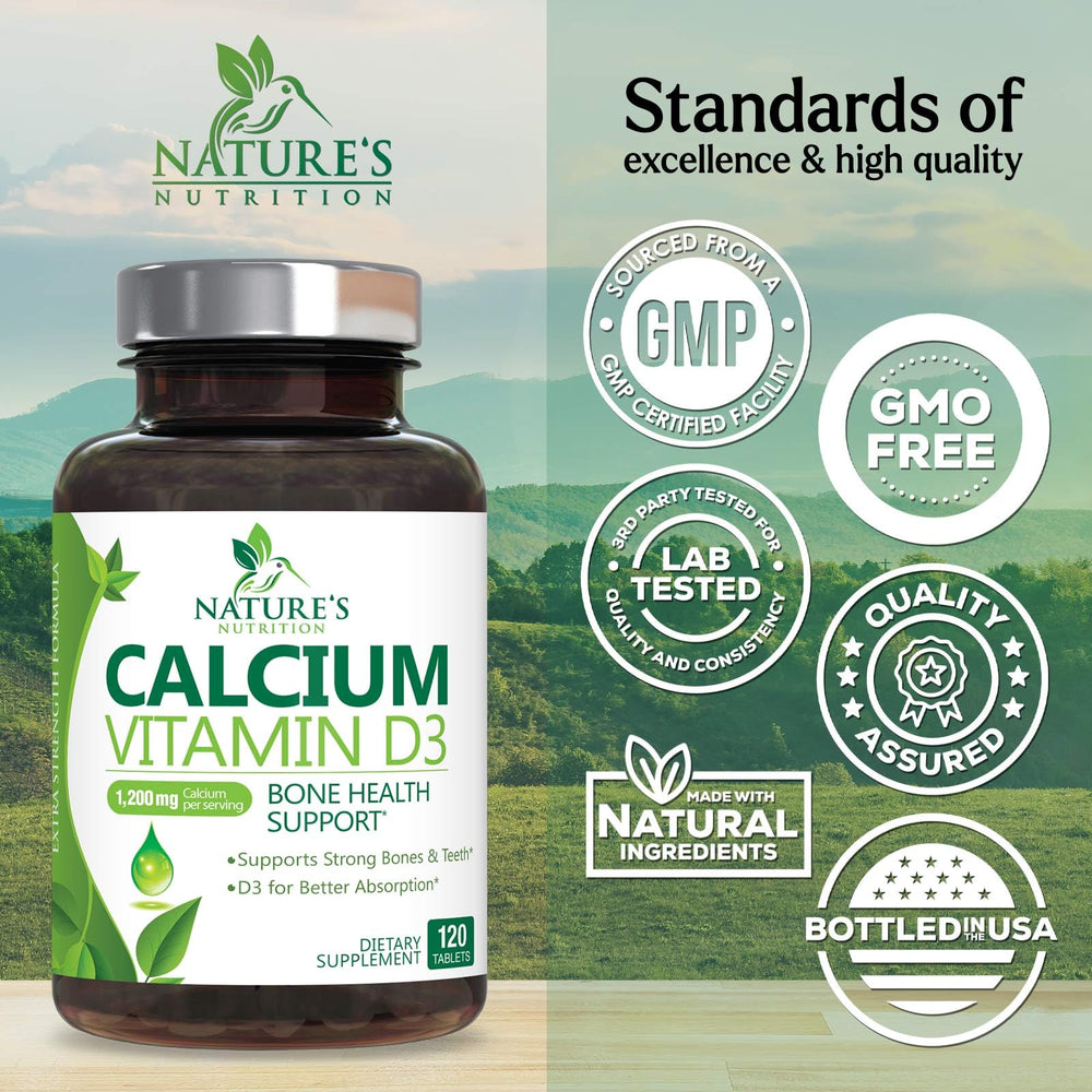 USA-made packaging for Nature's Nutrition calcium-d3 supplement.