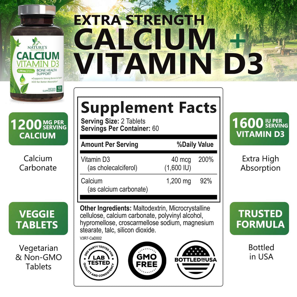 Close-up of Nature's Nutrition calcium-d3 tablets, small and easy to swallow.