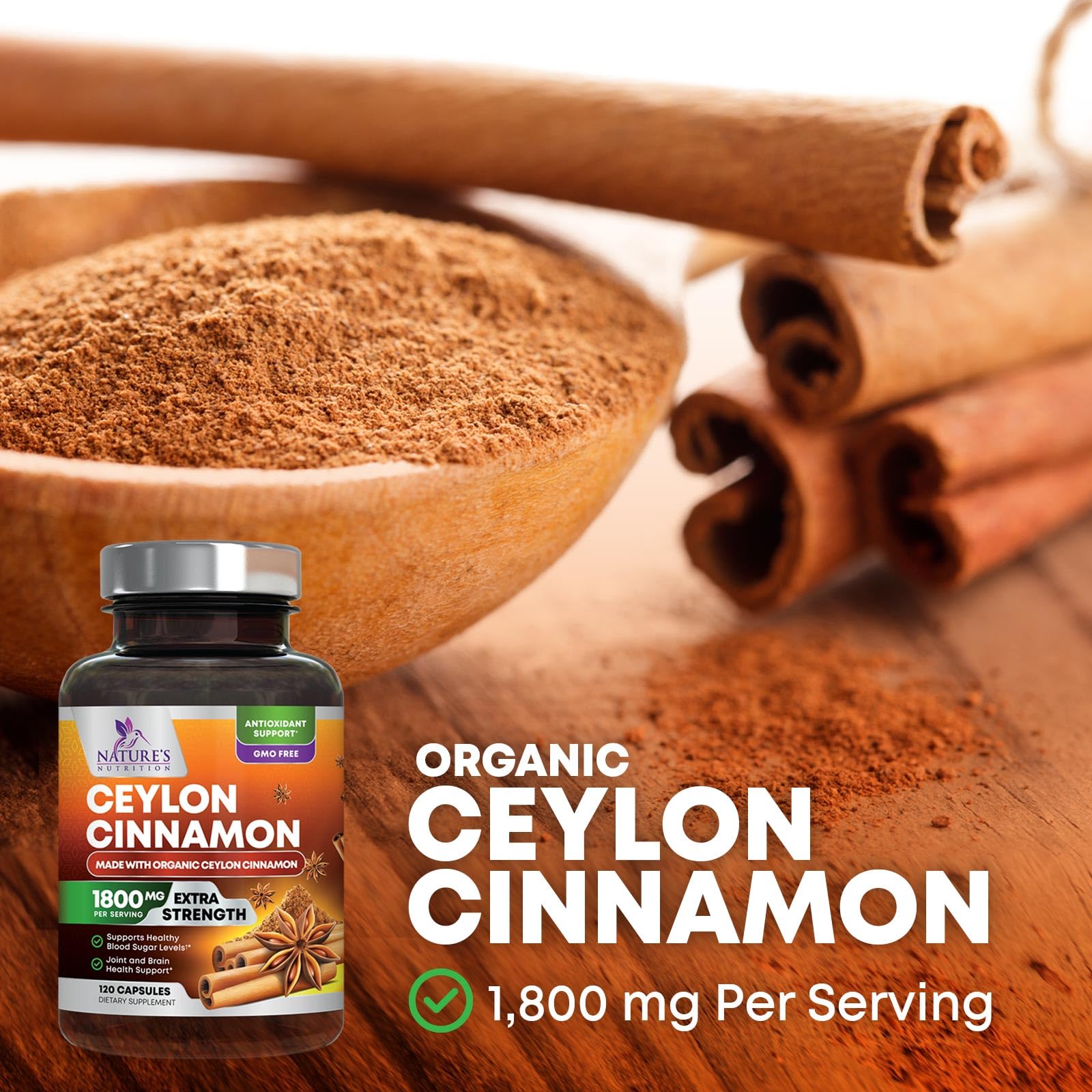Nature's Nutrition Cinnamon capsules on a shelf for an antioxidant-friendly routine.