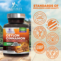Label detail on Nature's Nutrition Ceylon Cinnamon bottle.
