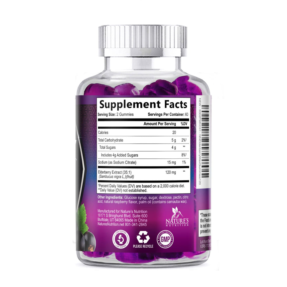 Nature's Nutrition Elderberry Gummies suitable for ages 4 and up.