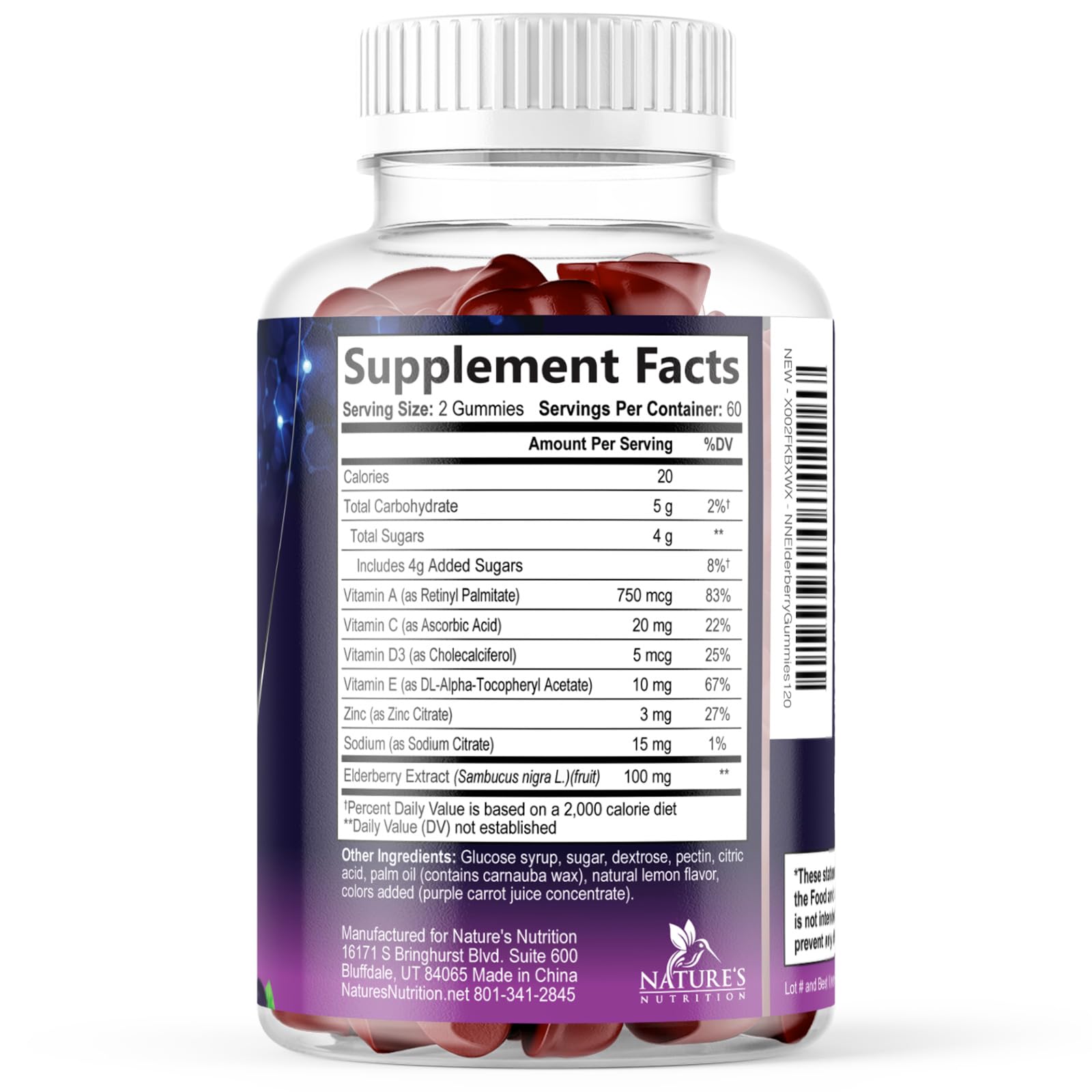 Nature's Nutrition Elderberry Gummies bottle design supports easy dosing for adults and kids.