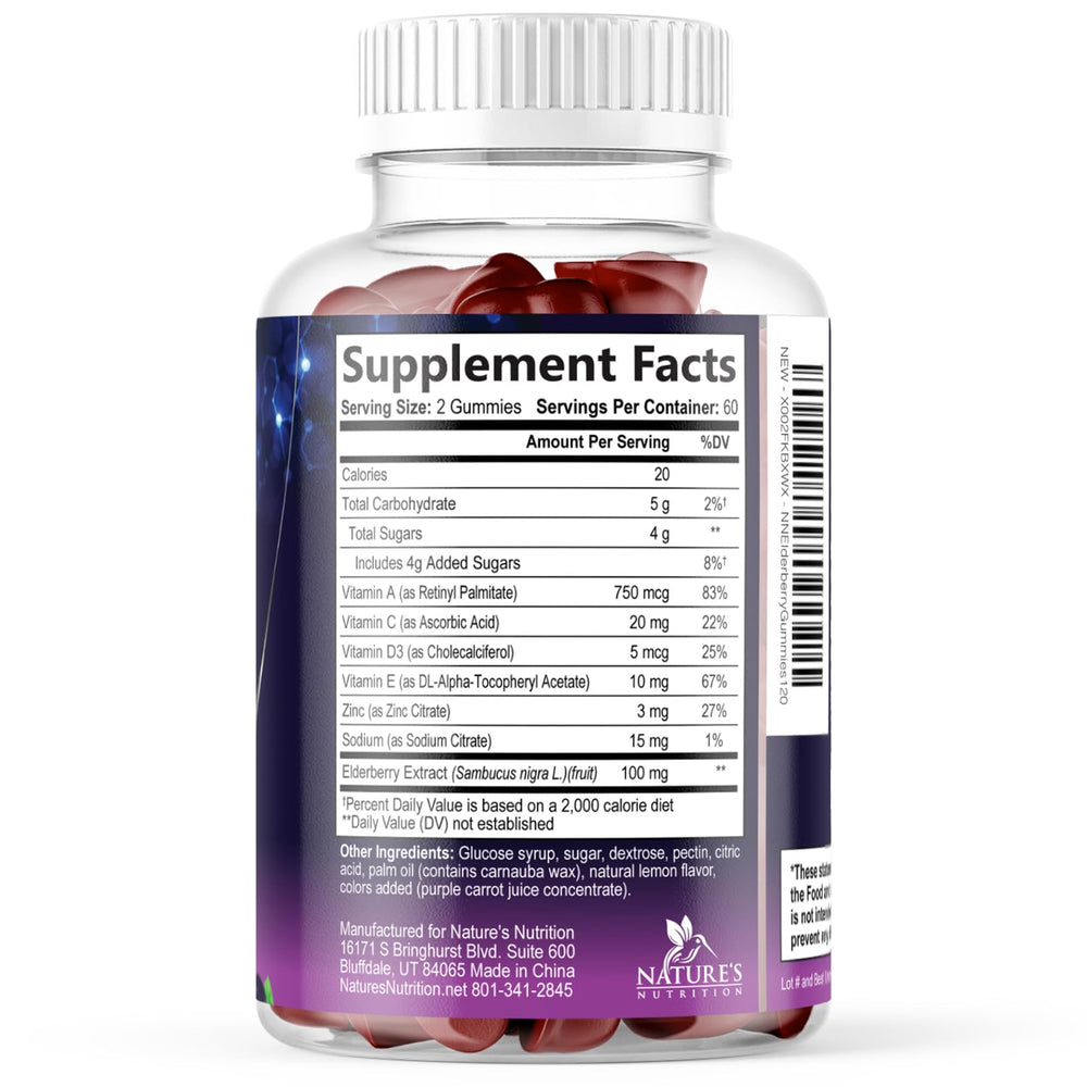 Nature's Nutrition Elderberry Gummies bottle design supports easy dosing for adults and kids.