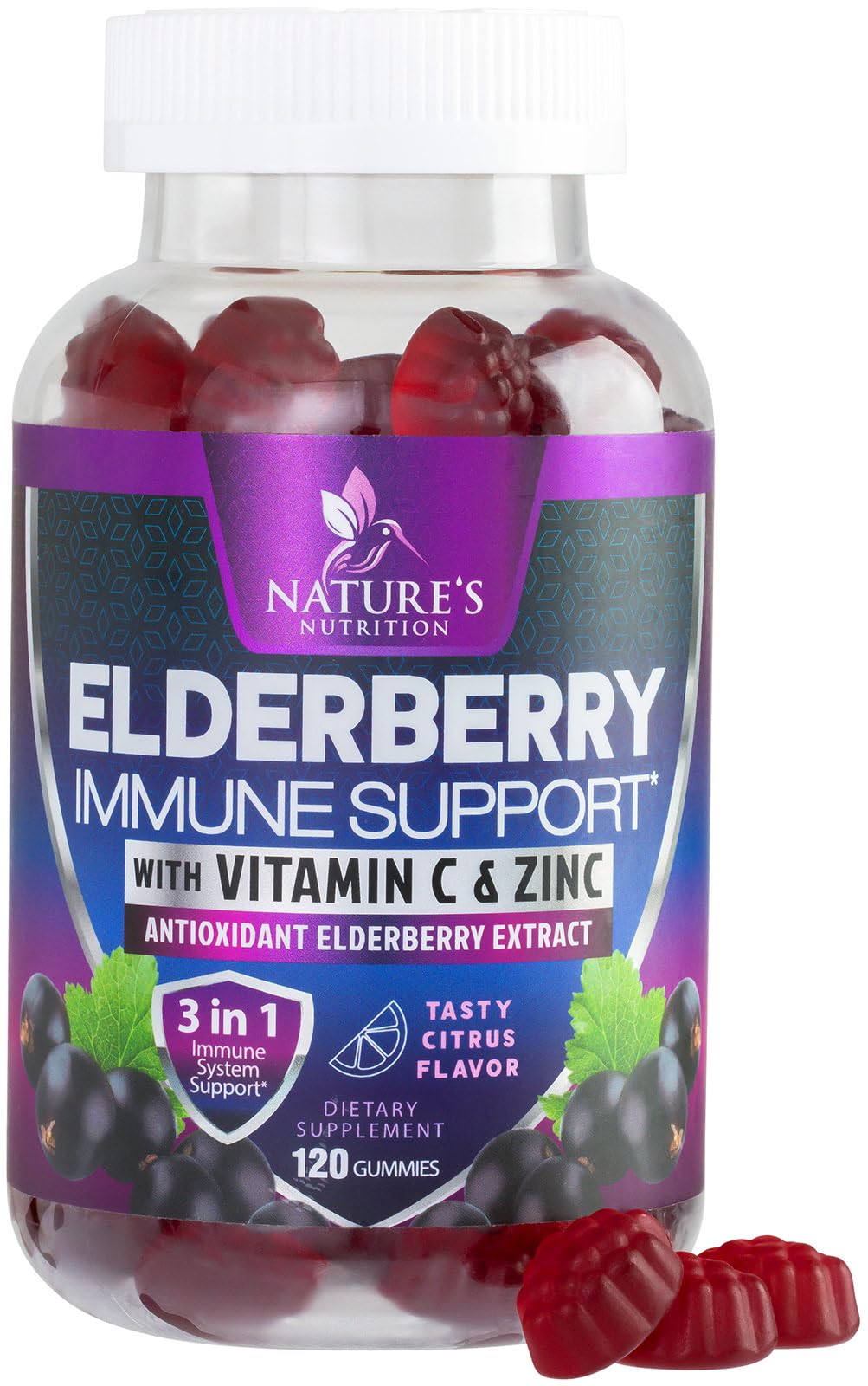 Nature's Nutrition Elderberry Gummies bottle offers convenient daily immune support