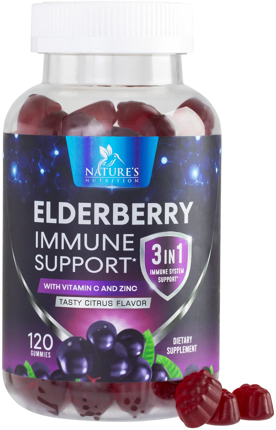 Nature's Nutrition Elderberry Gummies bottle shows bright gummies for daily immune support.