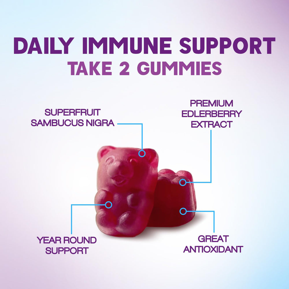 Nature's Nutrition Elderberry Gummies close-up of chewy texture and color.