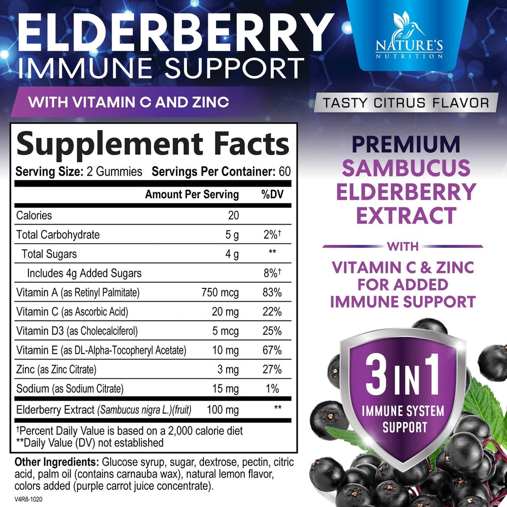 Close-up of Nature's Nutrition Elderberry Gummies reveals chewy texture for everyday wellness.