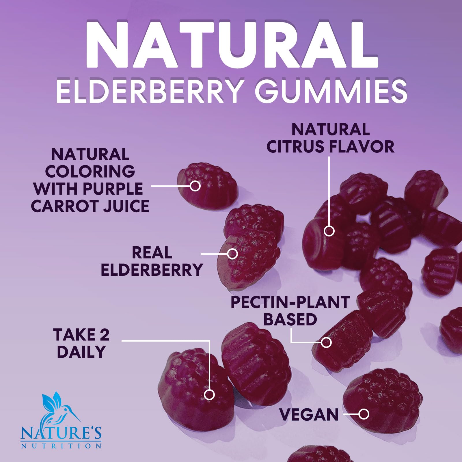 Nature's Nutrition Elderberry Gummies gluten-free packaging emphasizes premium elderberry extract.