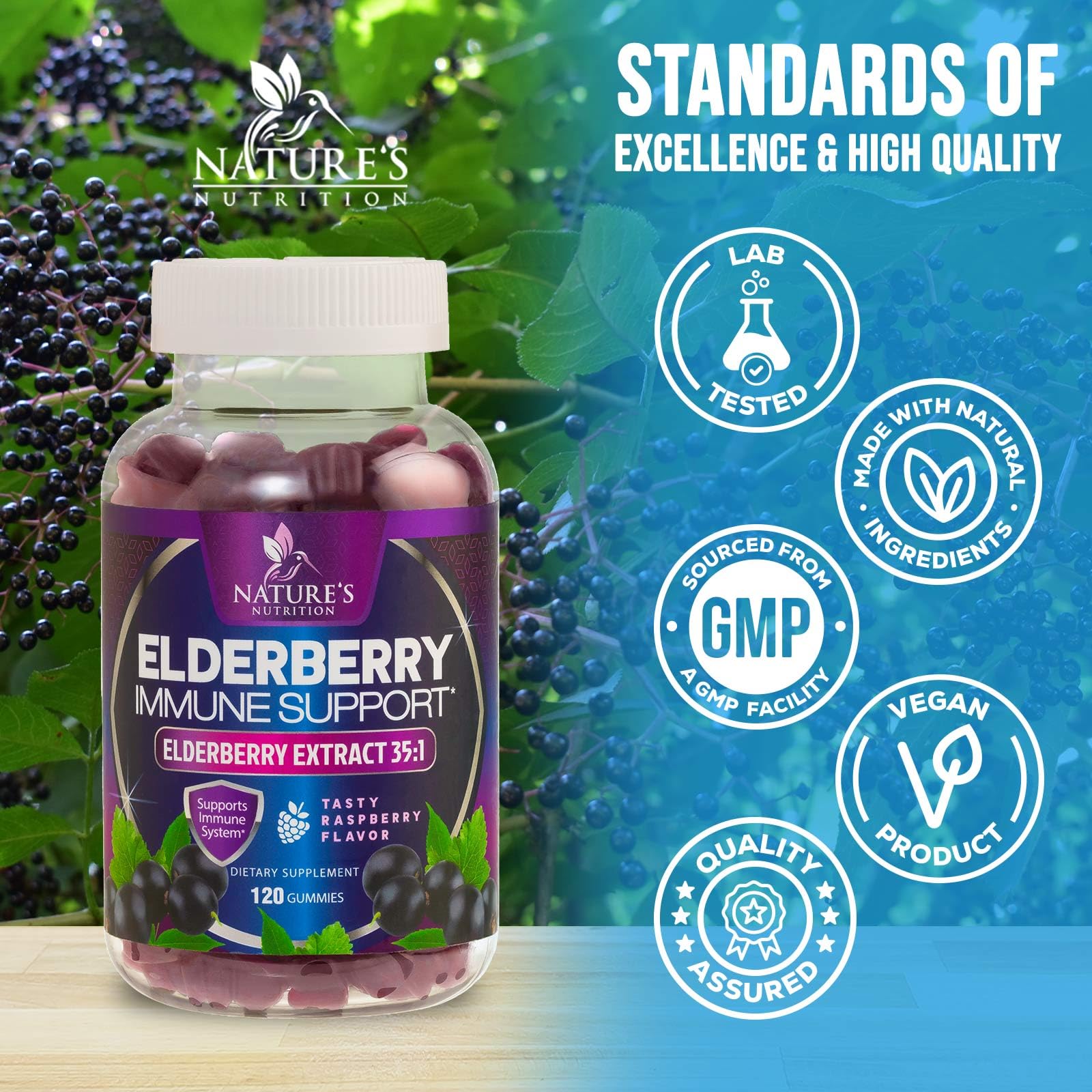 Nature's Nutrition Elderberry Gummies ingredients label for transparency.